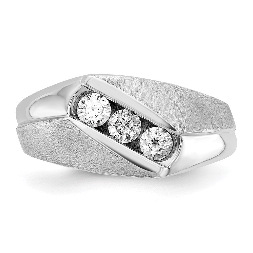 14k White Gold Men's Polished and Satin 3-Stone 1/2 Carat AA Quality Diamond Ring