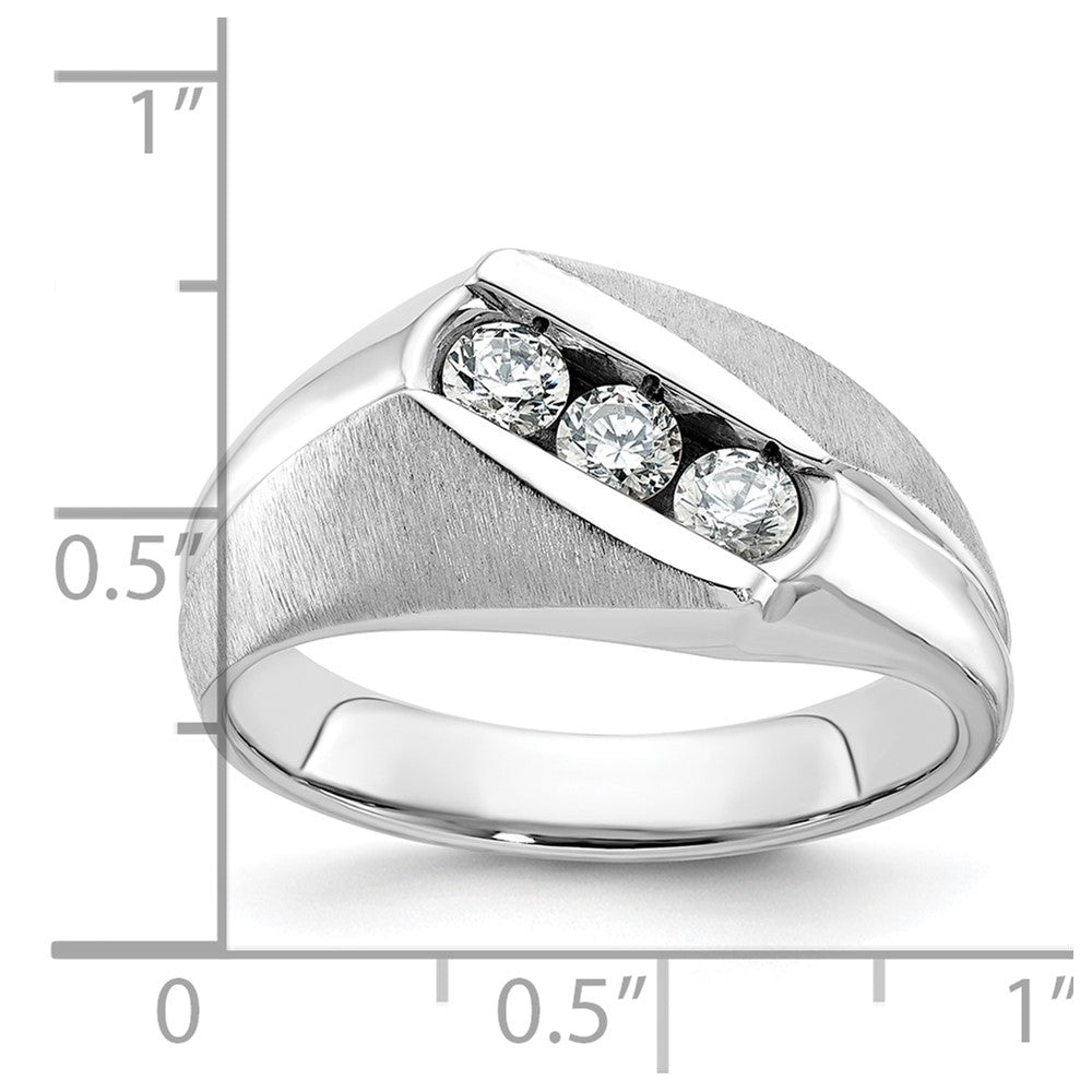 14k White Gold Men's Polished and Satin 3-Stone 1/2 Carat AA Quality Diamond Ring