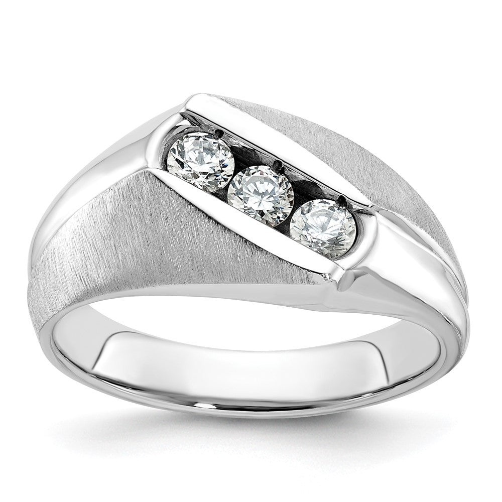 14k White Gold Men's Polished and Satin 3-Stone 1/2 Carat AA Quality Diamond Ring