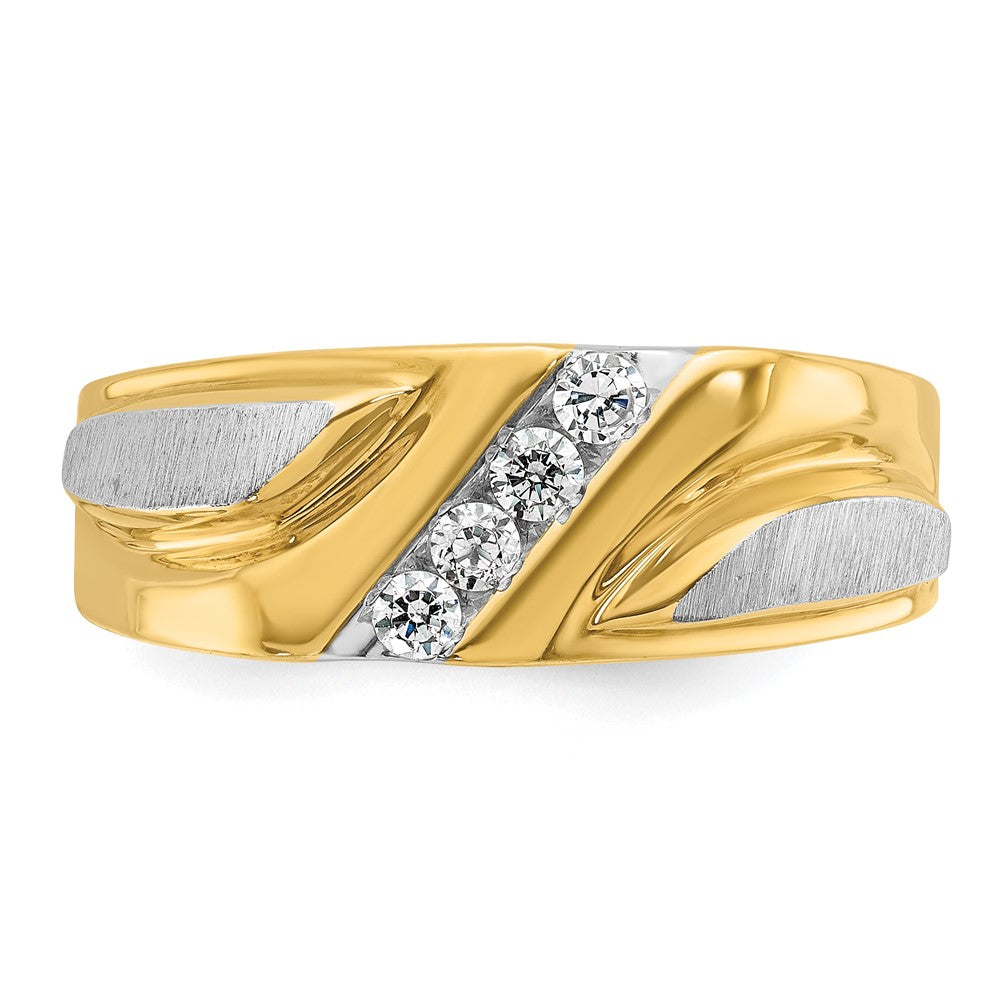 14k Two-tone Men's Polished Satin and Grooved 4-Stone 1/4 Carat AA Quality Diamond Ring
