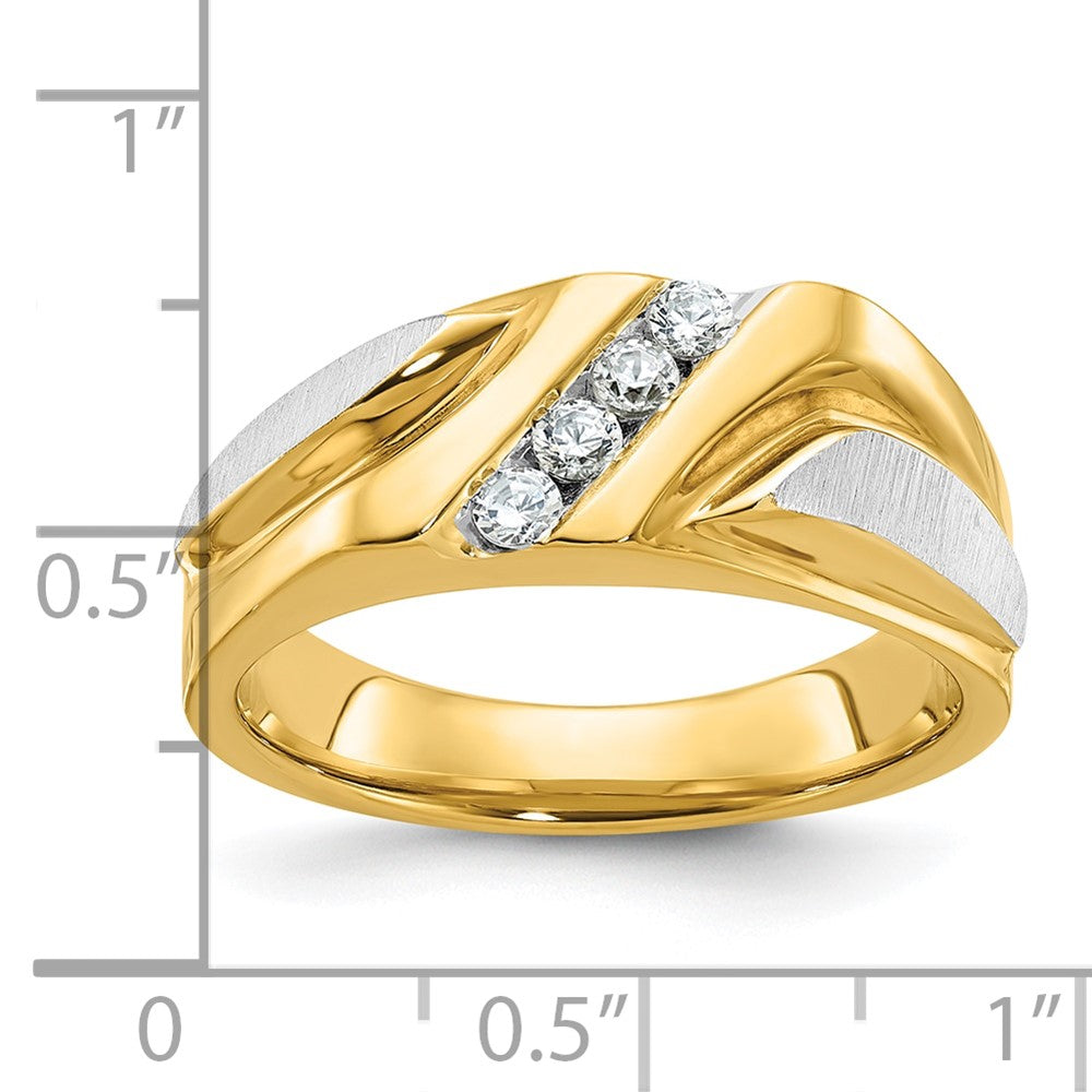 14k Two-tone Men's Polished Satin and Grooved 4-Stone 1/4 Carat AA Quality Diamond Ring