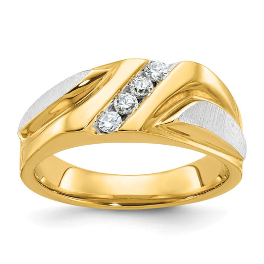 14k Two-tone Men's Polished Satin and Grooved 4-Stone 1/4 Carat AA Quality Diamond Ring