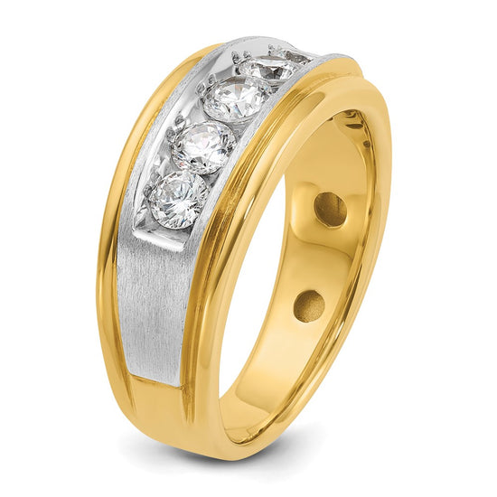 14k Two-tone Men's Polished Satin and Grooved 5-Stone 1 Carat AA Quality Diamond Ring