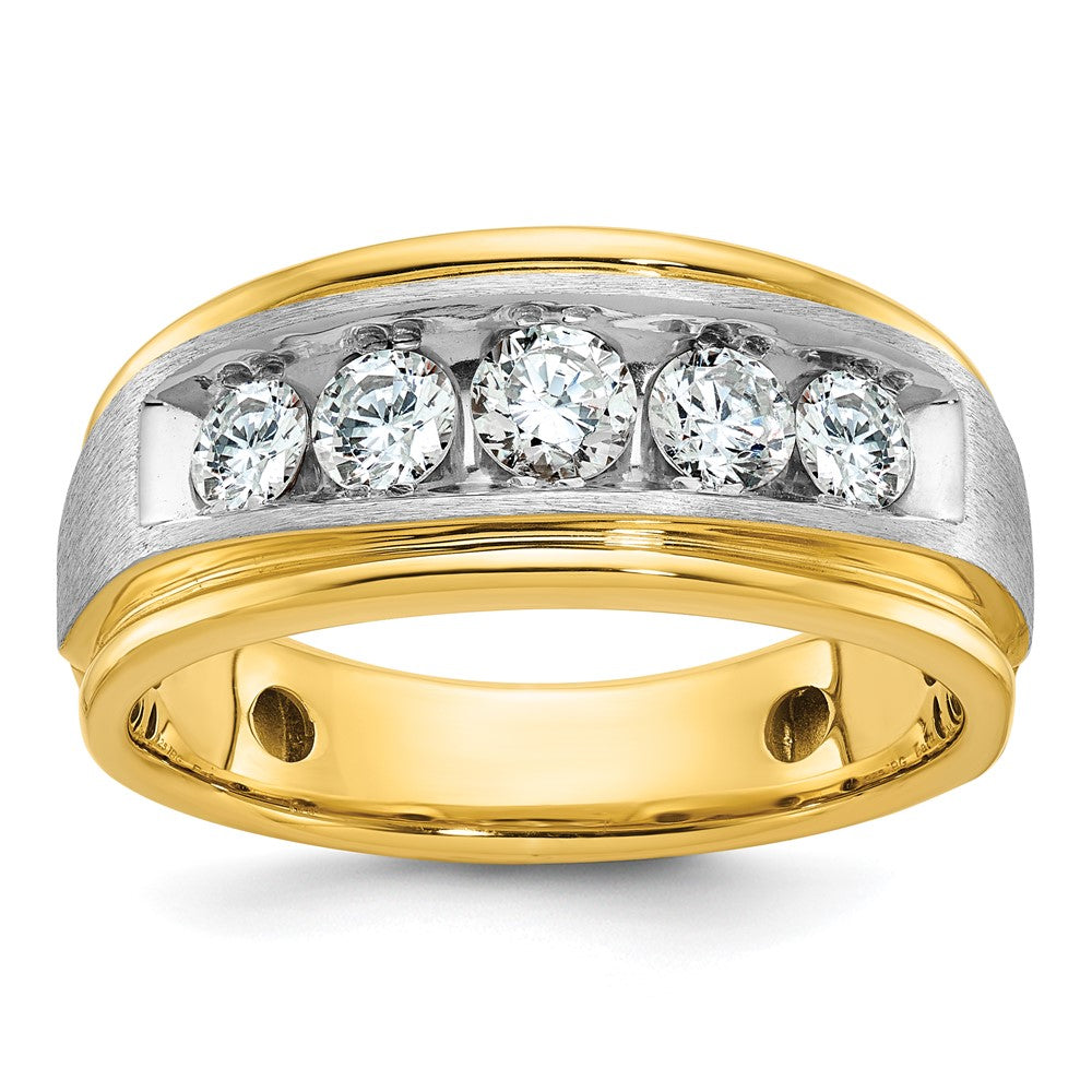 14k Two-tone Men's Polished Satin and Grooved 5-Stone 1 Carat AA Quality Diamond Ring