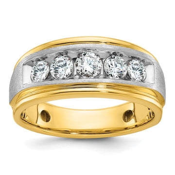 14k Two-tone Men's Polished Satin and Grooved 5-Stone 1 Carat AA Quality Diamond Ring