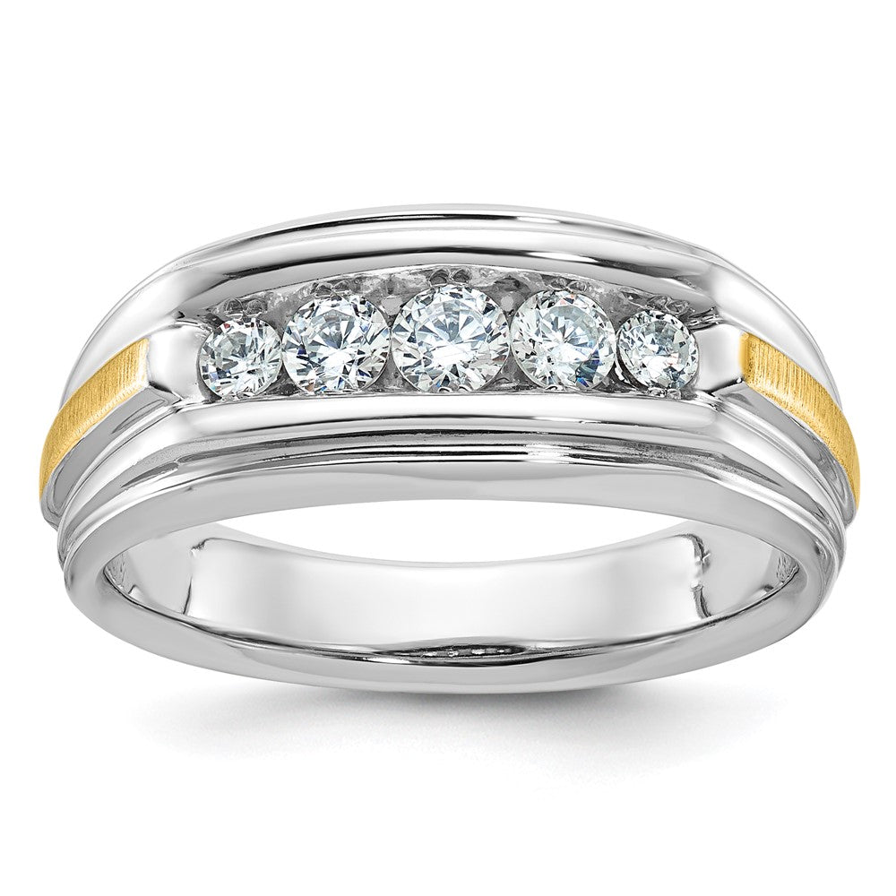 14k Two-tone 1/2 carat Lab Grown Diamond VS/SI+ G+ Complete Polished Satin and Grooved Five Stone Men's Ring
