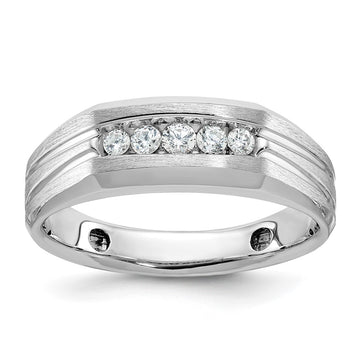 14k White Gold 1/4 carat Lab Grown Diamond VS/SI+ G+ Complete Polished Satin and Grooved Five Stone Men's Ring