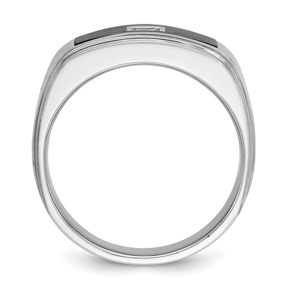 14k White Gold with Black Enamel Men's Polished Satin and Grooved 1/20 Carat AA Quality Diamond Ring