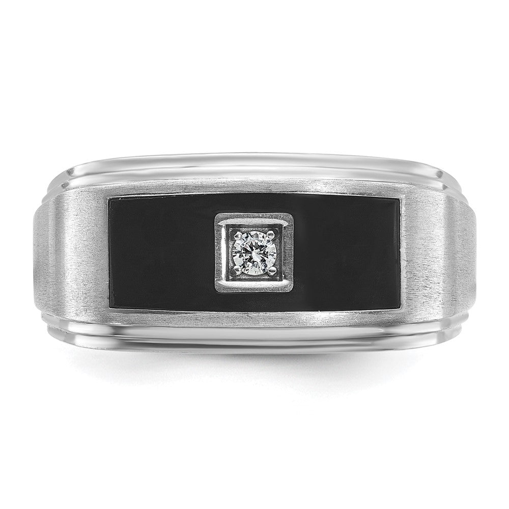 14k White Gold with Black Enamel Men's Polished Satin and Grooved 1/20 Carat AA Quality Diamond Ring