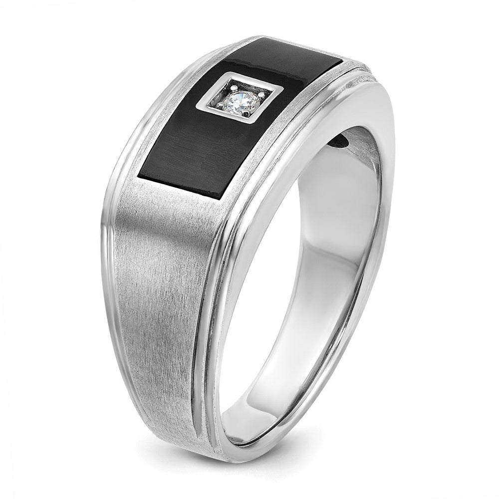 14k White Gold with Black Enamel Men's Polished Satin and Grooved 1/20 Carat AA Quality Diamond Ring