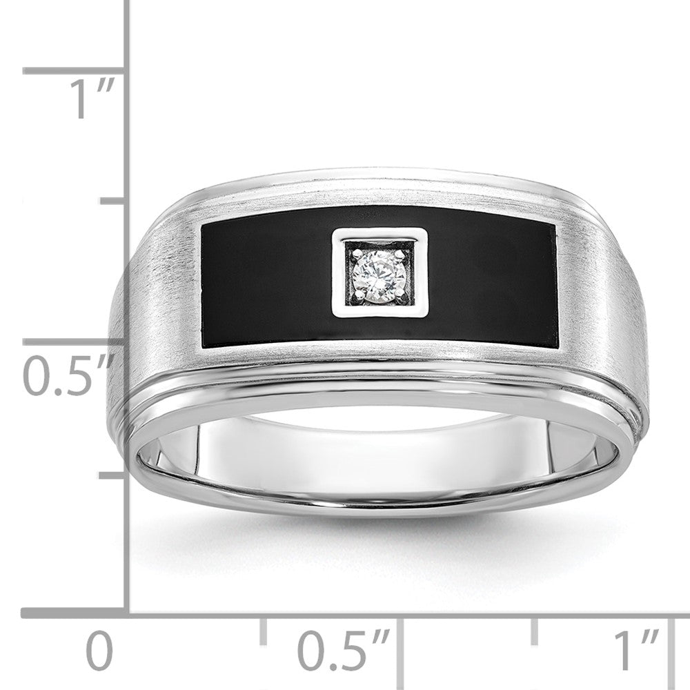 14k White Gold with Black Enamel Men's Polished Satin and Grooved 1/20 Carat AA Quality Diamond Ring