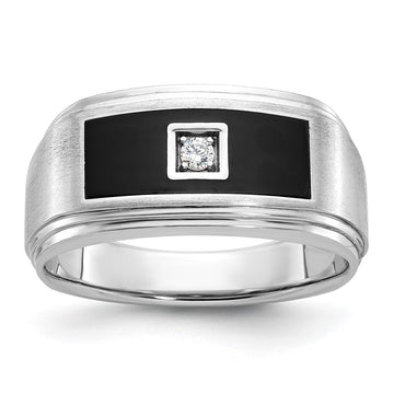 14k White Gold with Black Enamel Men's Polished Satin and Grooved 1/20 Carat AA Quality Diamond Ring