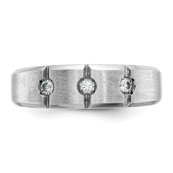 14k White Gold Men's Polished Satin and Grooved 3-Stone 1/5 Carat AA Quality Diamond Ring