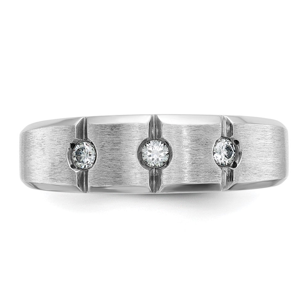 14k White Gold Men's Polished Satin and Grooved 3-Stone 1/5 Carat AA Quality Diamond Ring