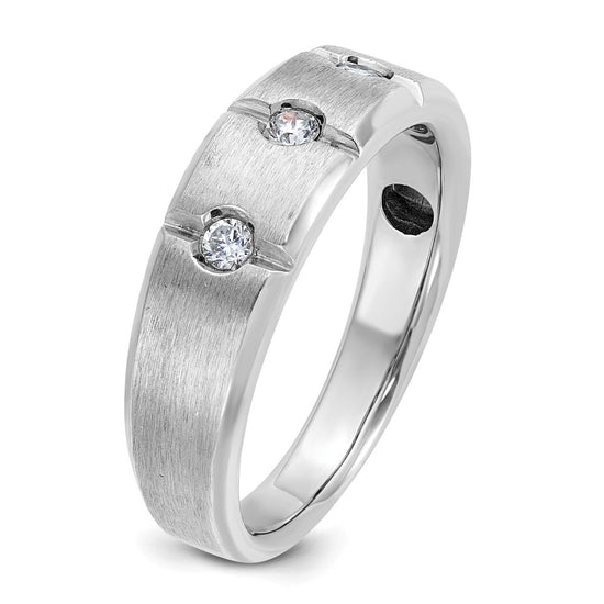 14k White Gold Men's Polished Satin and Grooved 3-Stone 1/5 Carat AA Quality Diamond Ring