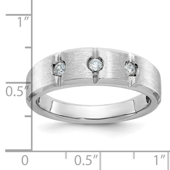 14k White Gold Men's Polished Satin and Grooved 3-Stone 1/5 Carat AA Quality Diamond Ring