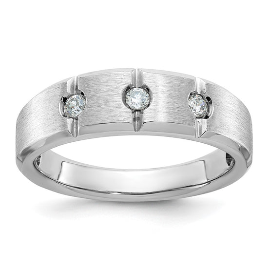 14k White Gold Men's Polished Satin and Grooved 3-Stone 1/5 Carat AA Quality Diamond Ring