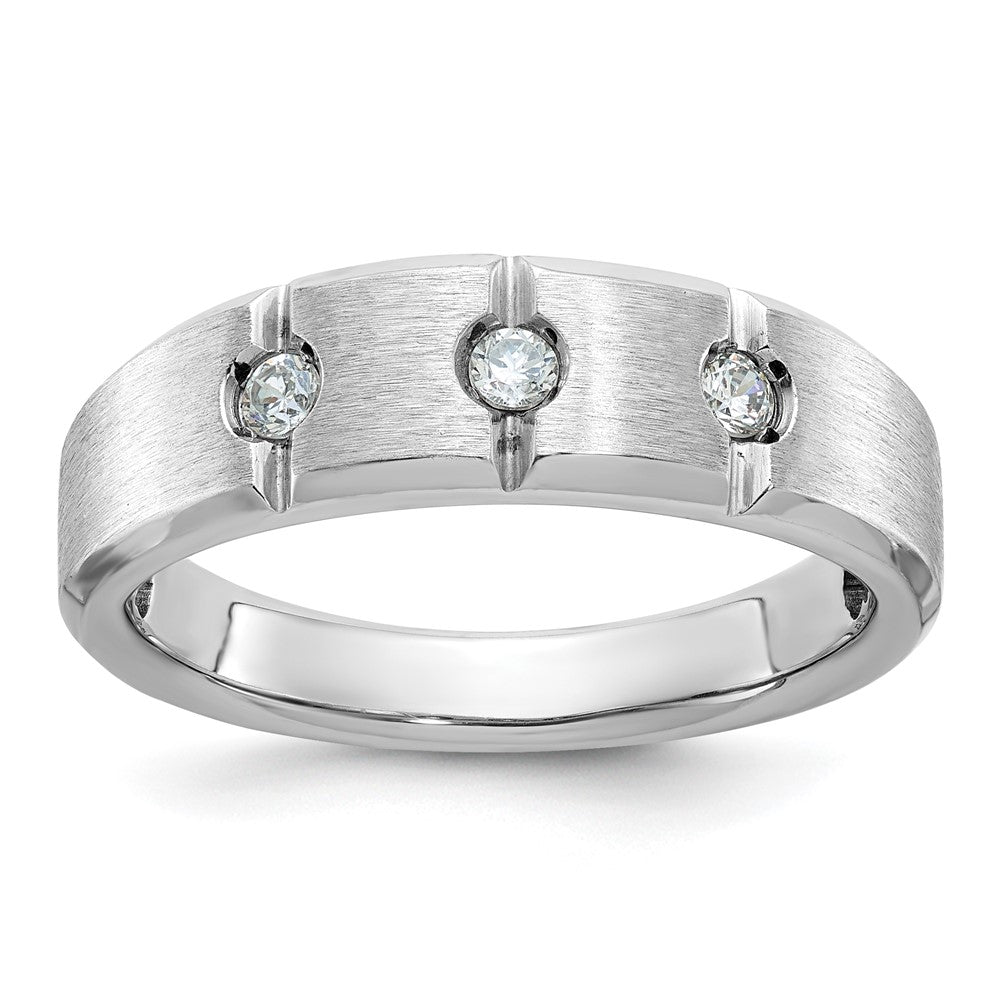 14k White Gold Men's Polished Satin and Grooved 3-Stone 1/5 Carat AA Quality Diamond Ring
