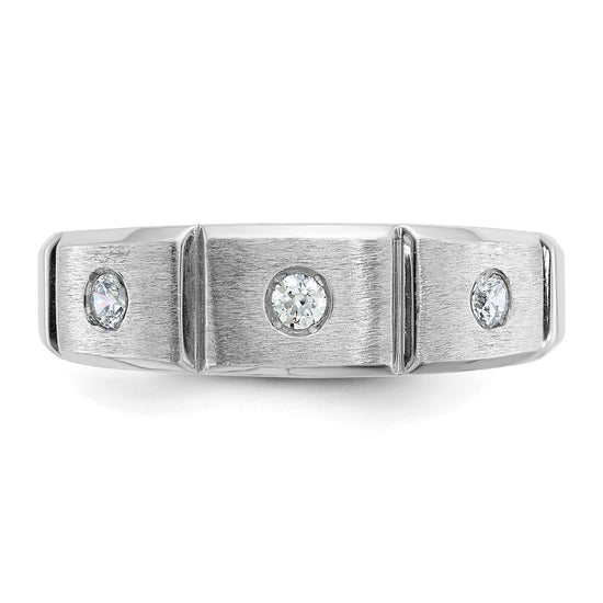 14k White Gold Men's Polished Satin and Grooved 3-Stone 1/5 Carat AA Quality Diamond Ring
