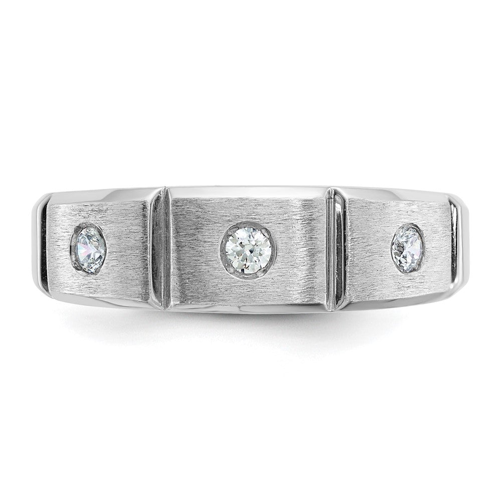 14k White Gold Men's Polished Satin and Grooved 3-Stone 1/5 Carat AA Quality Diamond Ring