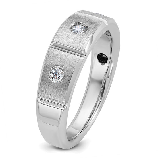 14k White Gold Men's Polished Satin and Grooved 3-Stone 1/5 Carat AA Quality Diamond Ring