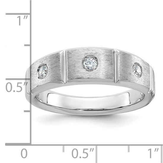 14k White Gold Men's Polished Satin and Grooved 3-Stone 1/5 Carat AA Quality Diamond Ring