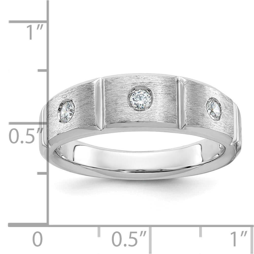 14k White Gold Men's Polished Satin and Grooved 3-Stone 1/5 Carat AA Quality Diamond Ring