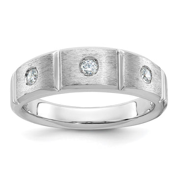 14k White Gold Men's Polished Satin and Grooved 3-Stone 1/5 Carat AA Quality Diamond Ring