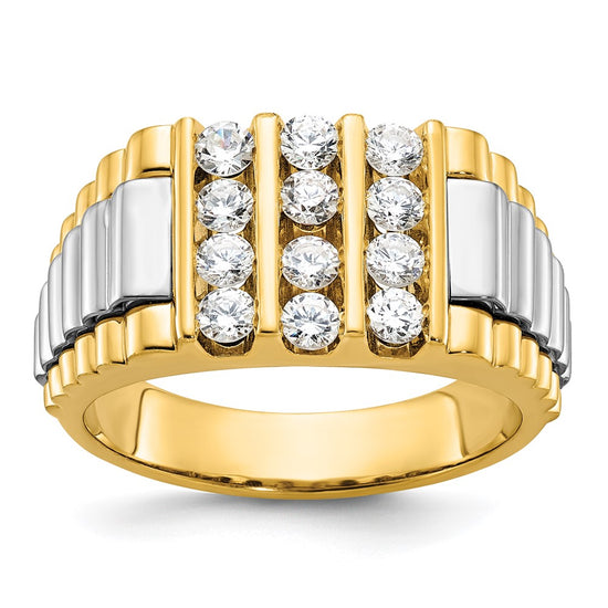 14k Two-tone Men's Polished & Textured 4-Row Diamond Rings