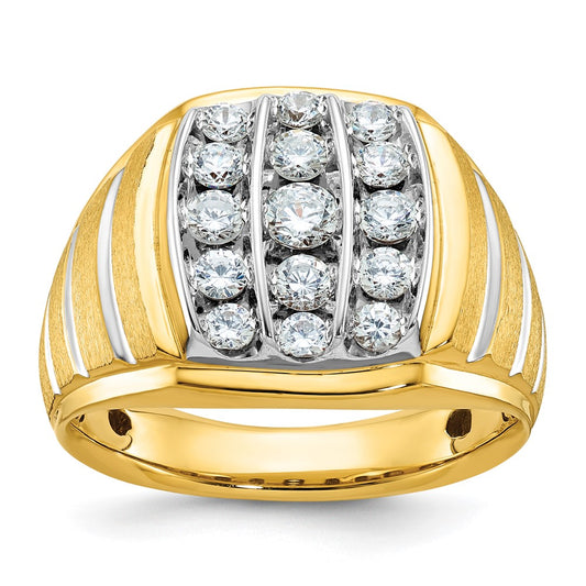 10k Two-tone Men's Polished Satin and Grooved 1 Carat A Quality Diamond Ring