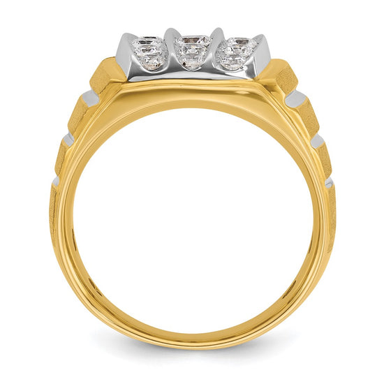 14k Two-tone with White Rhodium Men's Polished Satin and Grooved 1 Carat AA Quality Diamond Ring