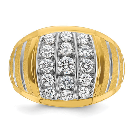 14k Two-tone with White Rhodium Men's Polished Satin and Grooved 1 Carat AA Quality Diamond Ring