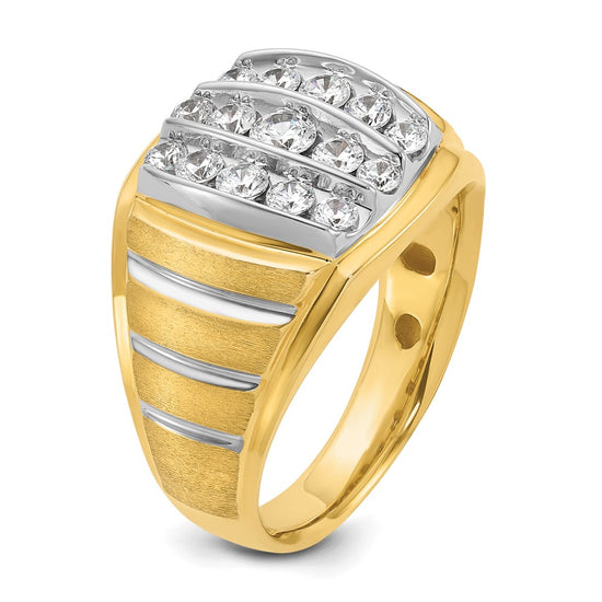 14k Two-tone with White Rhodium Men's Polished Satin and Grooved 1 Carat AA Quality Diamond Ring