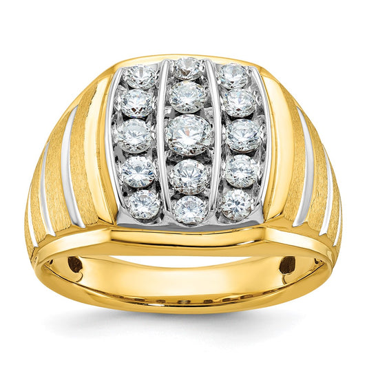 14k Two-tone with White Rhodium Men's Polished Satin and Grooved 1 Carat AA Quality Diamond Ring