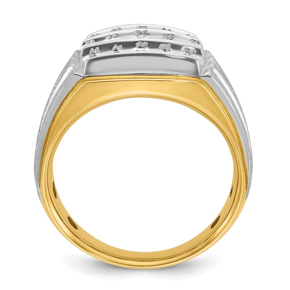 14k Two-tone Men's Polished Satin and Grooved 3-Row 1 Carat AA Quality Diamond Ring