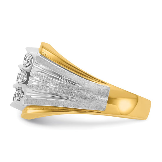 14k Two-tone Men's Polished Satin and Grooved 3-Row 1 Carat AA Quality Diamond Ring