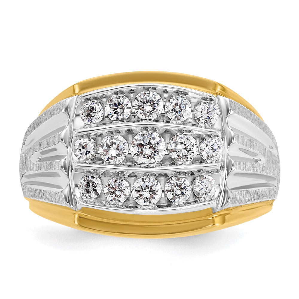 14k Two-tone Men's Polished Satin and Grooved 3-Row 1 Carat AA Quality Diamond Ring