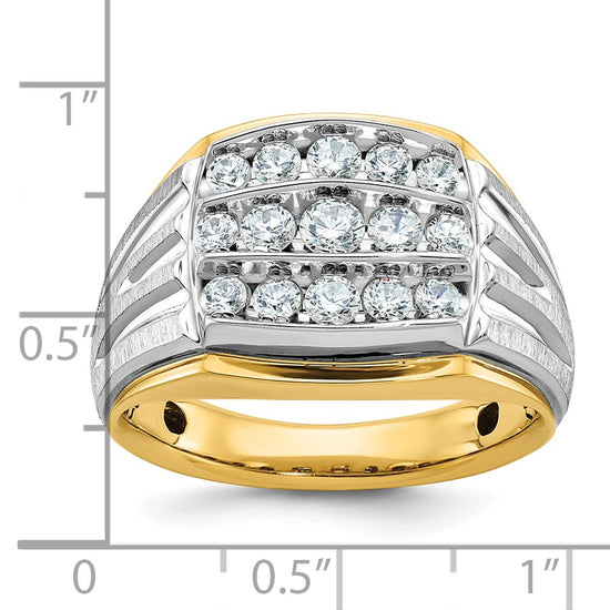 14k Two-tone Men's Polished Satin and Grooved 3-Row 1 Carat AA Quality Diamond Ring