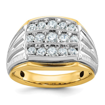14k Two-tone Men's Polished Satin and Grooved 3-Row 1 Carat AA Quality Diamond Ring