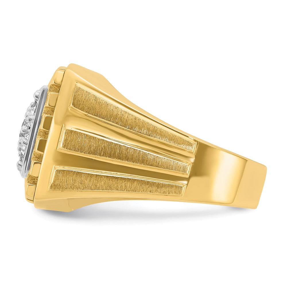 14k Two-tone Men's Polished Satin and Grooved 1 Carat AA Quality Diamond Cluster Ring