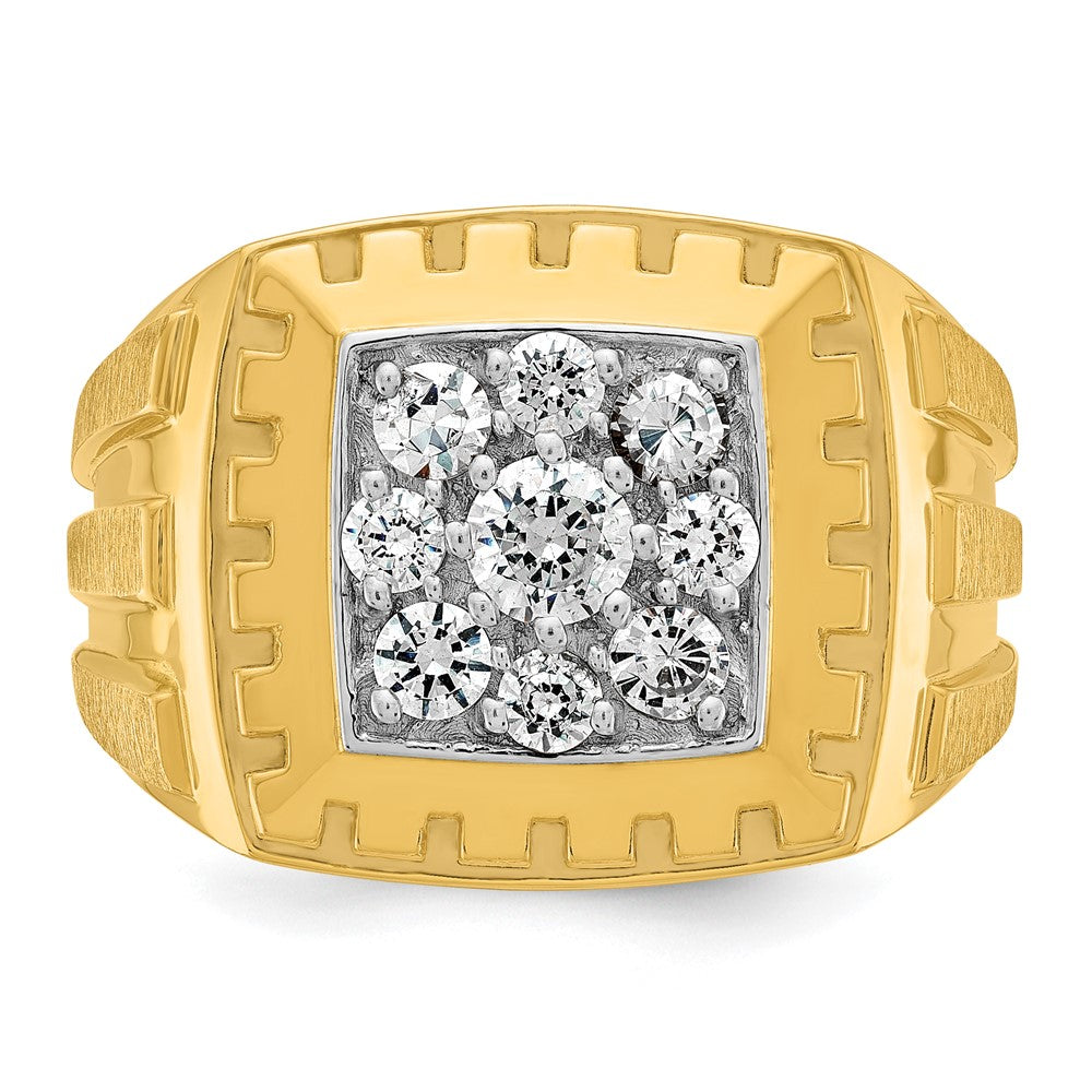 14k Two-tone Men's Polished Satin and Grooved 1 Carat AA Quality Diamond Cluster Ring
