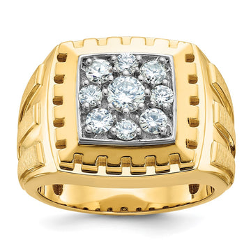 14k Two-tone Men's Polished Satin and Grooved 1 Carat AA Quality Diamond Cluster Ring