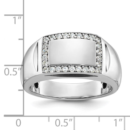 14k White Gold Polished 3/8 Carat AA Diamond Rectangle Mens Signet Ring