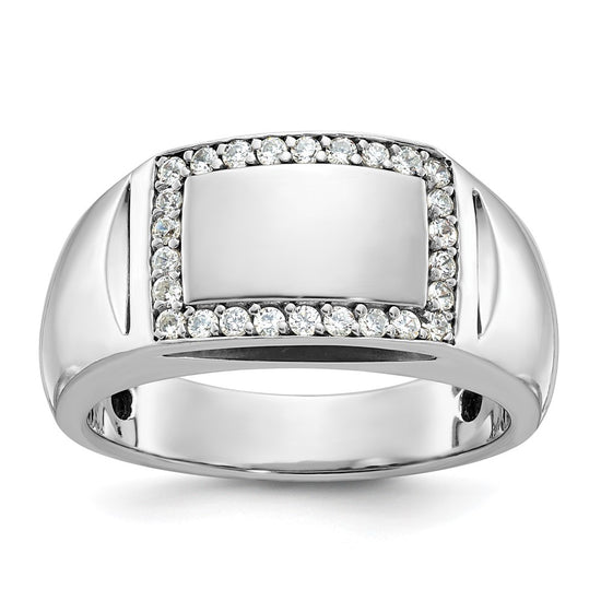 14k White Gold Polished 3/8 Carat AA Diamond Rectangle Mens Signet Ring