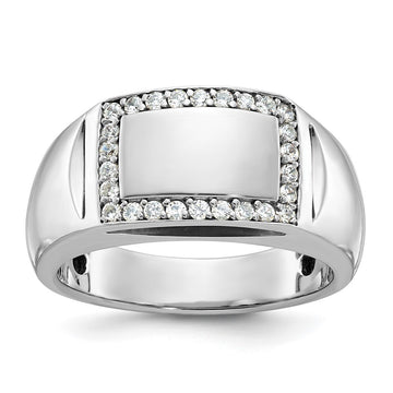 14k White Gold Polished 3/8 Carat AA Diamond Rectangle Mens Signet Ring