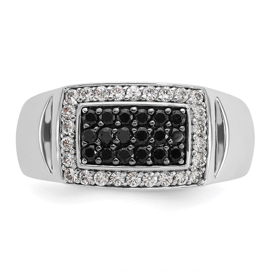 14k White Gold Men's Polished and Cut-Out 3/4 Carat AA Quality Black and White Diamond Rectangle Ring