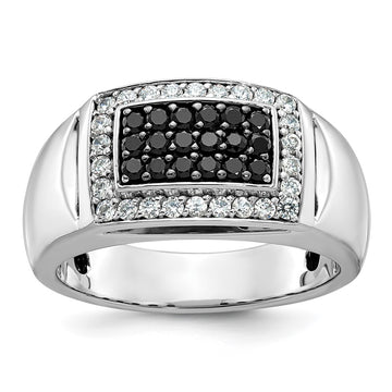 14k White Gold Men's Polished and Cut-Out 3/4 Carat AA Quality Black and White Diamond Rectangle Ring
