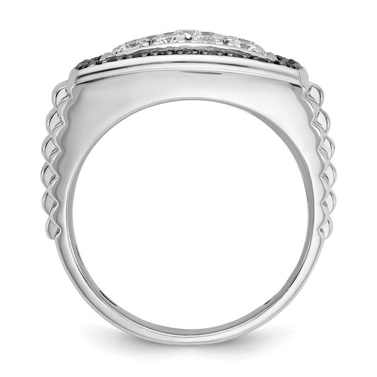 14k White Gold Men's Polished and Textured 1 Carat Black and White Diamond Cluster Ring