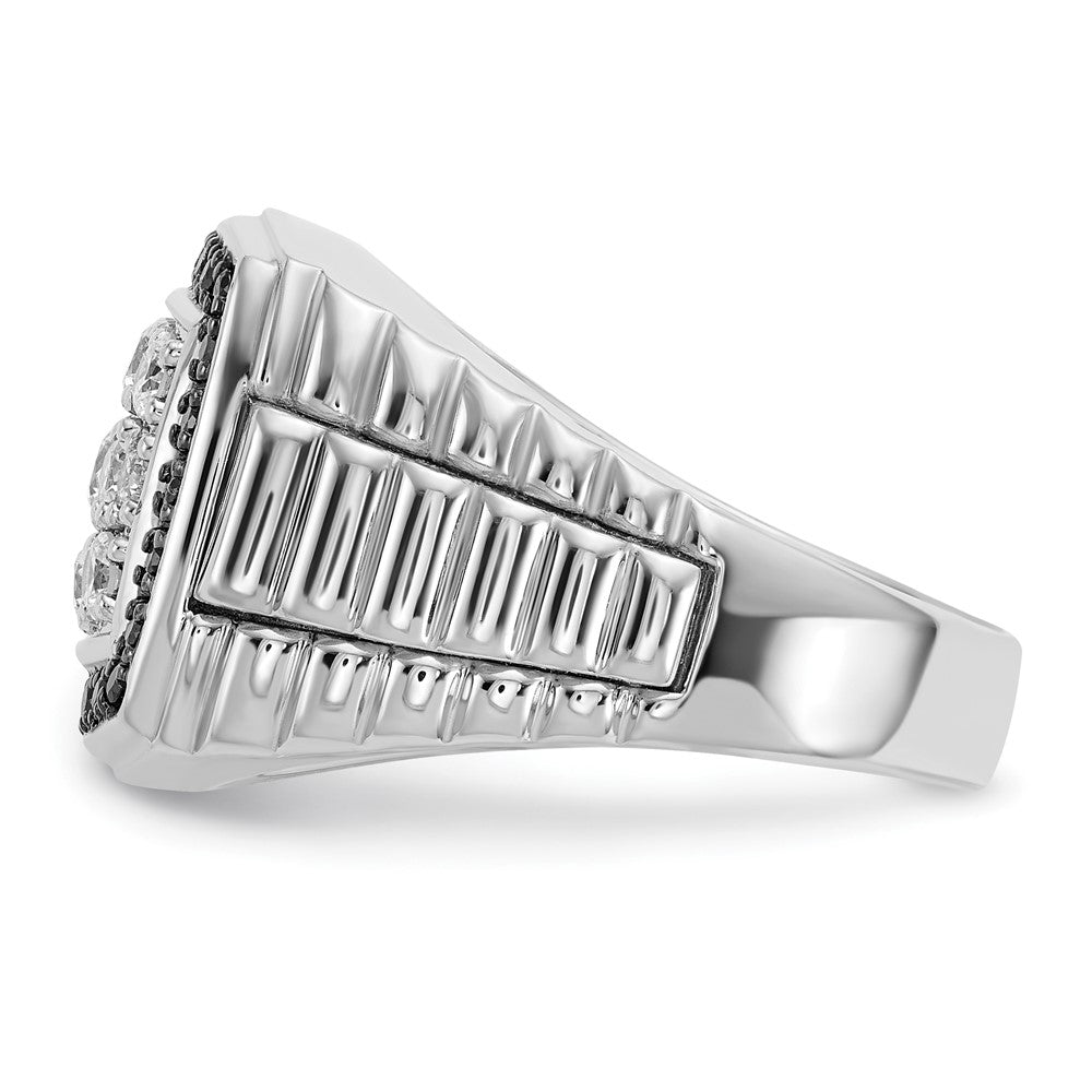 14k White Gold Men's Polished and Textured 1 Carat Black and White Diamond Cluster Ring