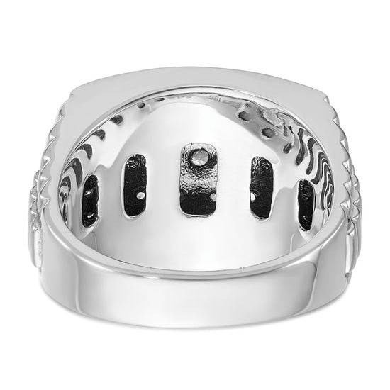 14k White Gold Men's Polished and Textured 1 Carat Black and White Diamond Cluster Ring